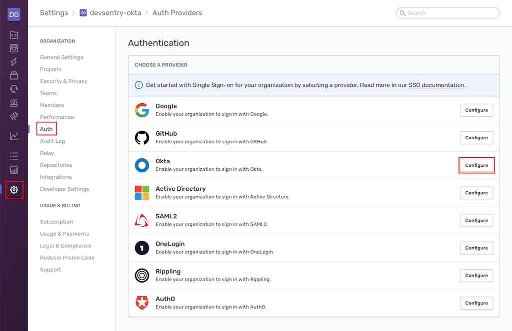 Sentry single sign-on configuration page